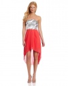 Sequin Hearts by My Michelle Juniors Pleated Strapless Dress, Coral/Silver, 3