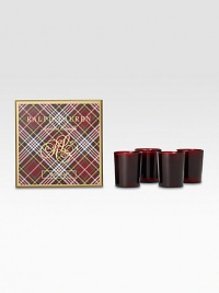 Four festive, fragrant votice fill your home with notes of red currant, evergreen and juniper for a home-for-the-holidays feel.Four-piece setRed glass votivesGift boxedBurn time, approx. 8 hrs. eachApprox. 1 oz. eachEach, 2Diam. X 4HImported