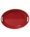 Retro Fiesta styling and bold solid colors in lightweight melamine make this oval tray perfect for serving large groups or dining outdoors. Handle cutouts help keep everything steady when you're on the move.