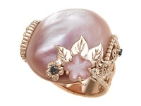 Carlo Viani® 14K Rose Gold Pink Mother of Pearl Ring with Black Diamonds Size 6