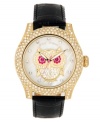 A wise choice for adding a touch of glitz to your everyday look. Watch by Betsey Johnson crafted of black leather strap and round polished gold tone stainless steel case covered in crystal accents. White mother-of-pearl dial features crystal accent markers, large gold tone owl with pink eyes and crystal accents, gold tone hour and minute hands, signature fuchsia second hand and logo. Quartz movement. Water resistant to 30 meters. Two-year limited warranty. Available exclusively at Macy's.