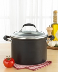 This high-capacity stock pot is a stovetop savior, helping you cook enough soup, stew and chili to satisfy even the hungriest stomachs. Constructed of heavy-gauge, hard-anodized aluminum, it uses a combination of improved Hi-Lo wave technology and the most advanced nonstick formula available - unrivaled for durability and food release. Limited lifetime warranty.