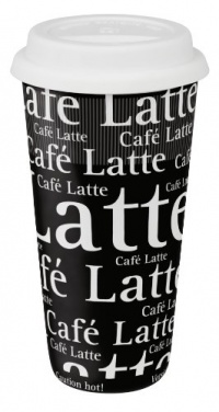 Konitz Cafe Latte Writing On Black 12-Ounce Travel Mugs and Silicon Lid, Black/White, Set of 2