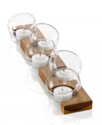 All in line. These Design with Light candle holders from Dansk are a playful alternative to plain tea lights, combining five glass bubbles and rich acacia wood.