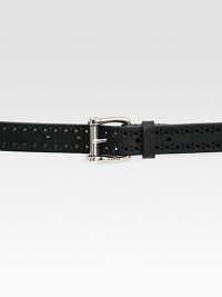 Perforated leather with a square buckle and embossed Gucci logo.Palladium hardwareLeatherAbout 1 wideMade in Italy