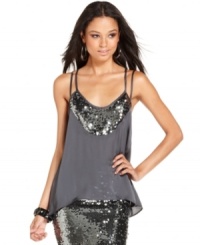 Glam up your evening with this sultry top from Baby Phat! Pretty sequins adorn the soft, sheer fabric for a fabulous night-out look!