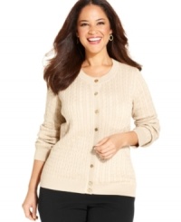 Karen Scott's plus size cable-knit sweater combines texture with a lightweight fabric blend - perfect for crisp days!