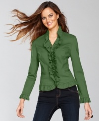 Ruffles adorn this charming jacket from INC. Sleek ponte knit ensures this piece is wearable the whole year round.