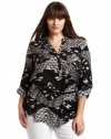 Calvin Klein Women's Plus-Size Printed Roll Sleeve Henley, Black/Eggshell Multi, 0X