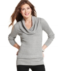 Shine on in It's Our Time's ribbed, cowl-neck sweater! Metallic threading finishes this layer with festive style.