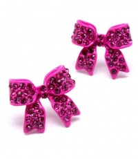 Adorable 3/4 Ribbon Bow Stud Earrings with Sparkling Dark Pink/fuchsia Austrian Crystals - Silver Rhodium Plated