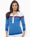 Rendered from luxuriously smooth combed cotton yarns, Lauren by Ralph Lauren's half-zip hoodie is emboldened with sleek stripes for a chic, active look.