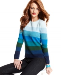 Charter Club updates the crew-neck cashmere sweater with on-trend colorblocked stripes. Pair it with jeans for style that is effortlessly luxe.