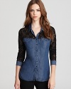 Two tones means twice the style with this GUESS Lacie shirt. Lace panels adorn the top and sleeves, while denim anchors this mixed media masterpiece.