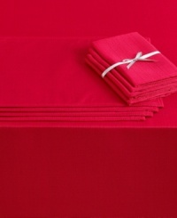 All together now. This clever and incredibly versatile Westin table in a bag set includes a tablecloth, napkins and placemats for up to eight guests. A holiday-red hue and subtle texture add to its timeless appeal.