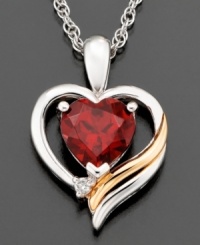 This pretty pendant is exploding with love. Round-cut garnet (1-3/8 ct. t.w) and diamond accents are set in 14k gold and sterling silver. Approximate length: 18 inches. Approximate drop: 3/4 inch.