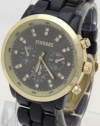 Finesse Quartz Chronograph Look Black Plastic Band Gold Case with Rhinestone