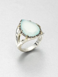 A faceted aqua chalcedony stone surrounded by dazzling white sapphires in a goldtone plated sterling silver setting. Aqua chalcedonyWhite sapphiresSterling silverGoldtone sterling silverWidth, about .8Imported