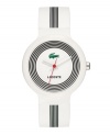 Croc around the clock with this smooth design from Lacoste. Goa unisex watch crafted of white with black stripes silicone strap and round white plastic case. White dial with circular black stripes features iconic crocodile logo at twelve o'clock, text logo at six o'clock, cut-out hour and minute hands and red second hand. Quartz movement. Water resistant to 30 meters. Two-year limited warranty.