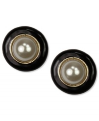 Cute as a button. These darling earrings from Anne Klein highlight a plastic pearl surround by gold tone details. Crafted in black ruthenium tone mixed metal. Approximate diameter: 1 inch.