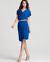 A elegantly drapey silhouette defines this richly hued Anne Klein Dress cowlneck dress, styled with a glossy faux-leather belt for extra polish.