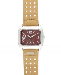 Earthy and mysterious, this chic watch from Nine West brings everyday style. Crafted of tan perforated leather strap and rounded square silver tone mixed metal case. Brown dial with silver tone numerals at three, six, nine and twelve o'clock, applied stick incides, minute track, hour and minute hands, sweeping second hand and logo at six o'clock. Quartz movement. Limited lifetime warranty.