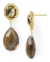 Art Deco influences inspire this pair of Alexis Bittar drop earrings, adorned by specially faceted stones, with an ornate gold tone setting at the compliment.