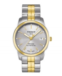 A shining example of self-winding excellence, Tissot's PR 100 watch is a double threat of casual and dress styling. Crafted of two tone stainless steel bracelet and round case with gold tone bezel. Silver tone dial features gold tone applied stick indices, minute track, date window at three o'clock, luminous three hands and logo. Swiss automatic movement. Water resistant to 100 meters. Two-year limited warranty.