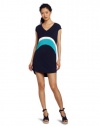 Three Dots Women's Colorblock Tunic dress, Night Iris/ White/Tahitian Teal, X-Small