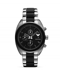 A hard-hitting take on sporty style, Emporio Armani's bold black-faced chronograph is an athletic add-on. Wear it to work or to work out; it will be on-trend anywhere you fasten it.