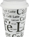 Konitz Cafe Latte Writing on White 9-Ounce Travel Mugs and Silicon Lids, White, Set of 2