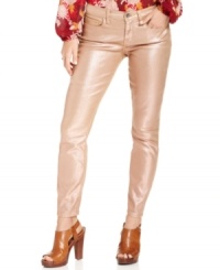 Allover metallic sparkle adds shimmer and shine to these Lucky Brand Jeans skinny jeans -- they hit the coated-denim trend right on the mark!