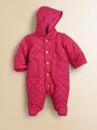 Baby keeps warm from head to toe in a cozy hooded bunting, rendered in sleek diamond-quilted microfiber and lined in soft-to-the-touch winter fleece.Attached hoodLong sleevesFull-snap frontFront patch pocketsCorduroy trimConcealed bottom snapsFully linedPolyesterMachine washImported Please note: Number of snaps/buttons may vary depending on size ordered. 