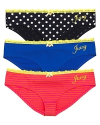 Give boyshorts to all the girls with this gift-ready set from Juicy Couture. Three pairs of lace-trimmed hipsters are packaged in a striped box with a hot pink bow.