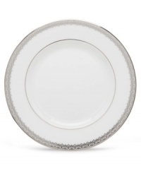 Inspired by the trim on an elegant couture gown, this graceful dinnerware and dishes collection from Lenox features an intricate platinum border that combines harmoniously with white bone china for unparalleled style.