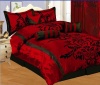 7 PC MODERN Black Burgundy Red Flock Satin COMFORTER SET / BED IN A BAG - KING SIZE BEDDING