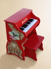 An adorable toddler piano sits on the ground and can easily be raised into an upright as a child grows. For ages 3 and up Dog decoration on one side Makes chime-like piano sounds Songbook included with classic songs Keys spaced to teach proper finger placement Removable color-coordinated strip guides small fingers from chord to chord Hardwood/hardboard 17W X 10¾H X 10½D Imported