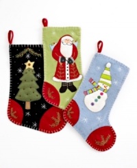 Full of personality, these crafty Christmas stockings from Jabara are sewn with beads, buttons and whimsical whipstitch motifs, including a tree, Santa and snowman.