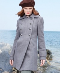 Kenneth Cole Reaction's coat uses double-breasted, military-inspired styling to give structure to a gorgeously nubby and totally charming boucle fabric.