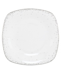 Forecast modern whimsy at meal time with the Silver Mist accented square plates from Lenox Lifestyle dinnerware. The dishes in this collection feature shimmering droplets that trickle in from the platinum-banded edge of bright white bone china. (Clearance)