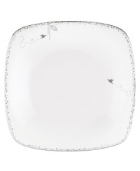 Shimmering droplets trickle in from the platinum-banded edges of this white square platter, perfect for entertaining. A playful hummingbird flies in for all of the festivities. From Lenox's Enchanted Seasons collection of serveware and serving dishes. (Clearance)