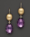 Faceted, oblong amethyst drops, set in 14K yellow gold.