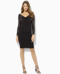 Lauren Ralph Lauren's sleek empire-waist petite dress is rendered in matte jersey with glimmering sequins at the bodice and ruching at the sides for a sophisticated evening look.