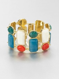 A colorful style featuring faceted stones in various shapes and sizes in a linked design. Resin stones12k goldplated brassLength, about 7.75Hinged snap closureImported 