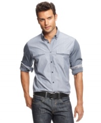 Are you armed with fresh style? This shirt from INC International Concepts ensures a fresh take on traditional shirting style with sleeve patterning and pocket details. (Clearance)