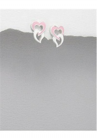 studs decorated with two small love hearts and colored enamel Earrings In 92.5 Sterling Silver