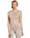 Vince Camuto Women's Cap Slv Rouched Foil Scoop Neck Top, Gold Luster, Medium