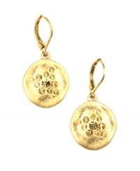 Golden rule: Crafted in gold tone mixed metal, Jones New York's circular leverback drop earrings are embellished with sparkling smoky topaz-colored plastic stones. Approximate drop: 3/4 inch.