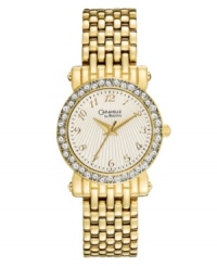 Indulge yourself with the sparkle and shine of this chic watch by Caravelle by Bulova. Gold tone mixed metal bracelet and case. Bezel embellished with crystal accents. Textured silver tone dial features gold tone numerals at markers, minute track, three hands and logo. Quartz movement. Water resistant to 30 meters. Two-year limited warranty.