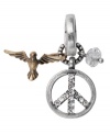 Give peace a fighting chance. Fossil's charm shows how much care with a crystal pave peace sign in silvertone and goldtone sparrow. Crafted in mixed metal. Approximate drop: 1-1/2 inches.